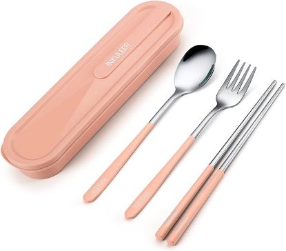 Picture of INKULEER Travel cutlery set, 18/8 stainless steel cutlery, Reusable utensils set with case, Portable Silverware Lunch Box for Camping and Office